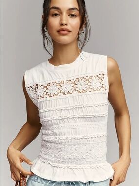 Anthropologie White Sleeveless Lace-Panel Camisole